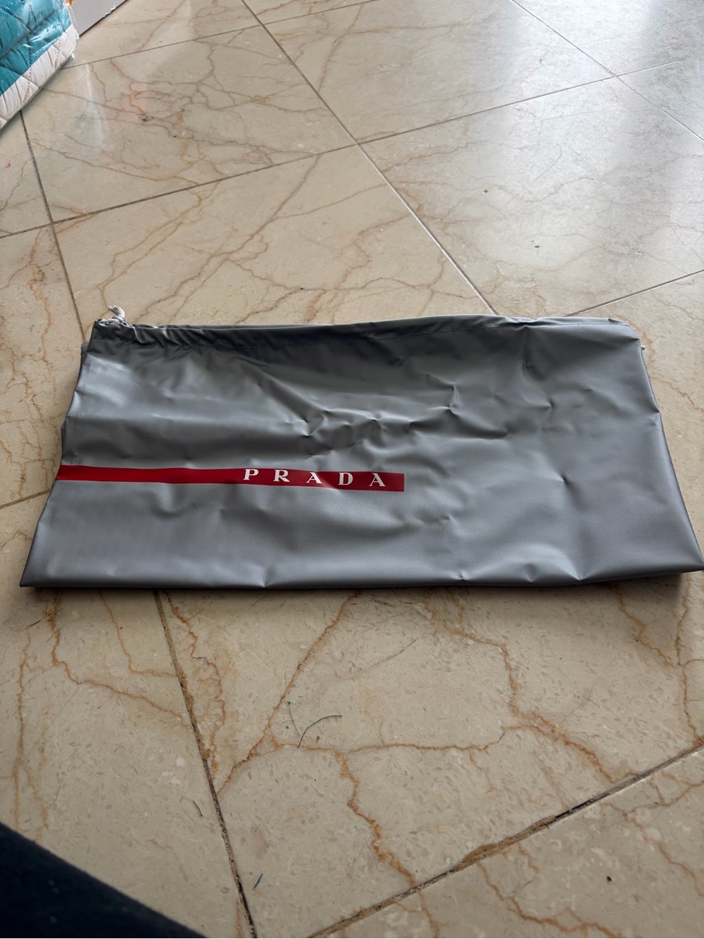 Prada Gray Toiletry Pouch with Red Logo Stripe